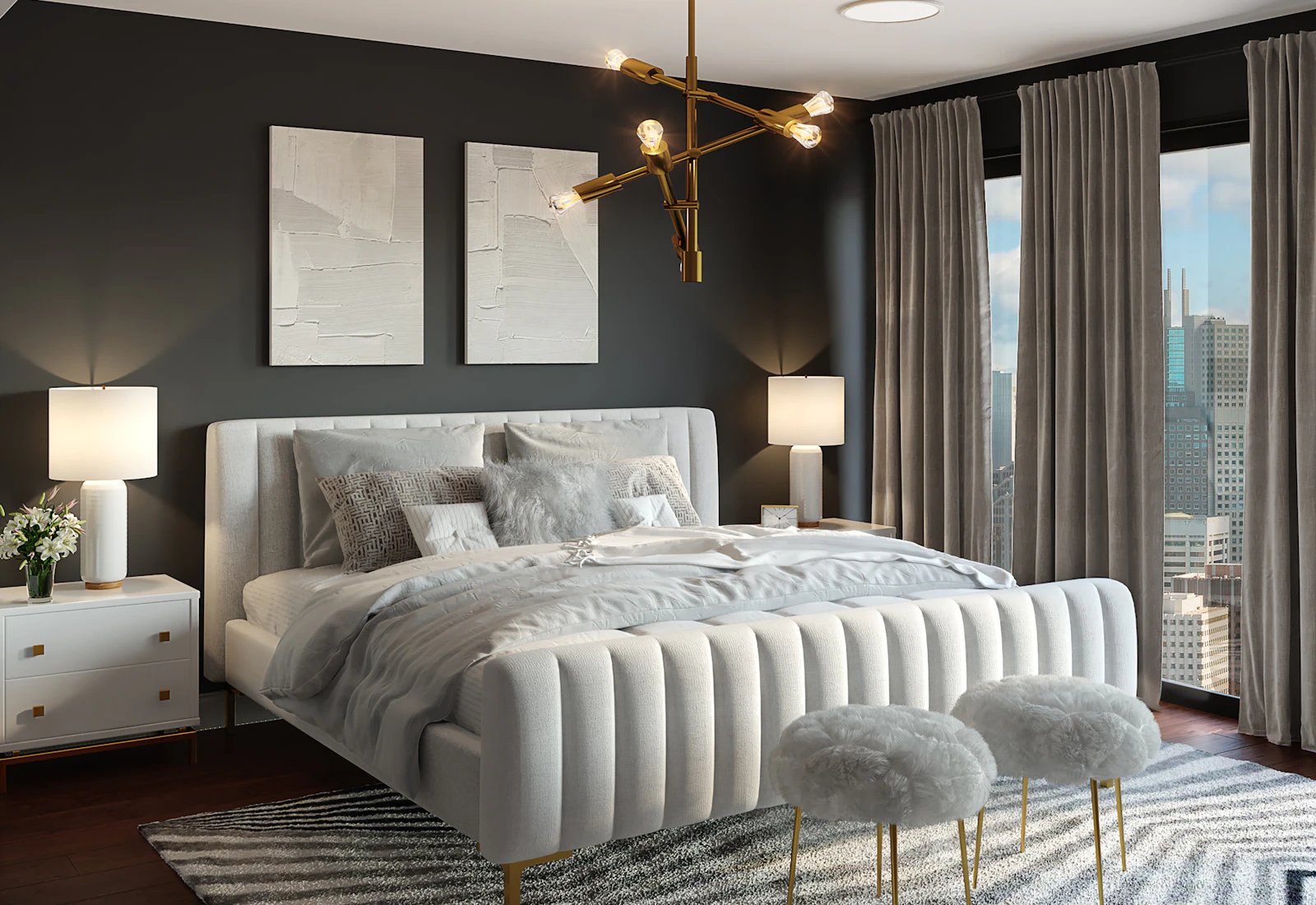 Calm bedroom with made bedding, a low bench, and soft daylight.
