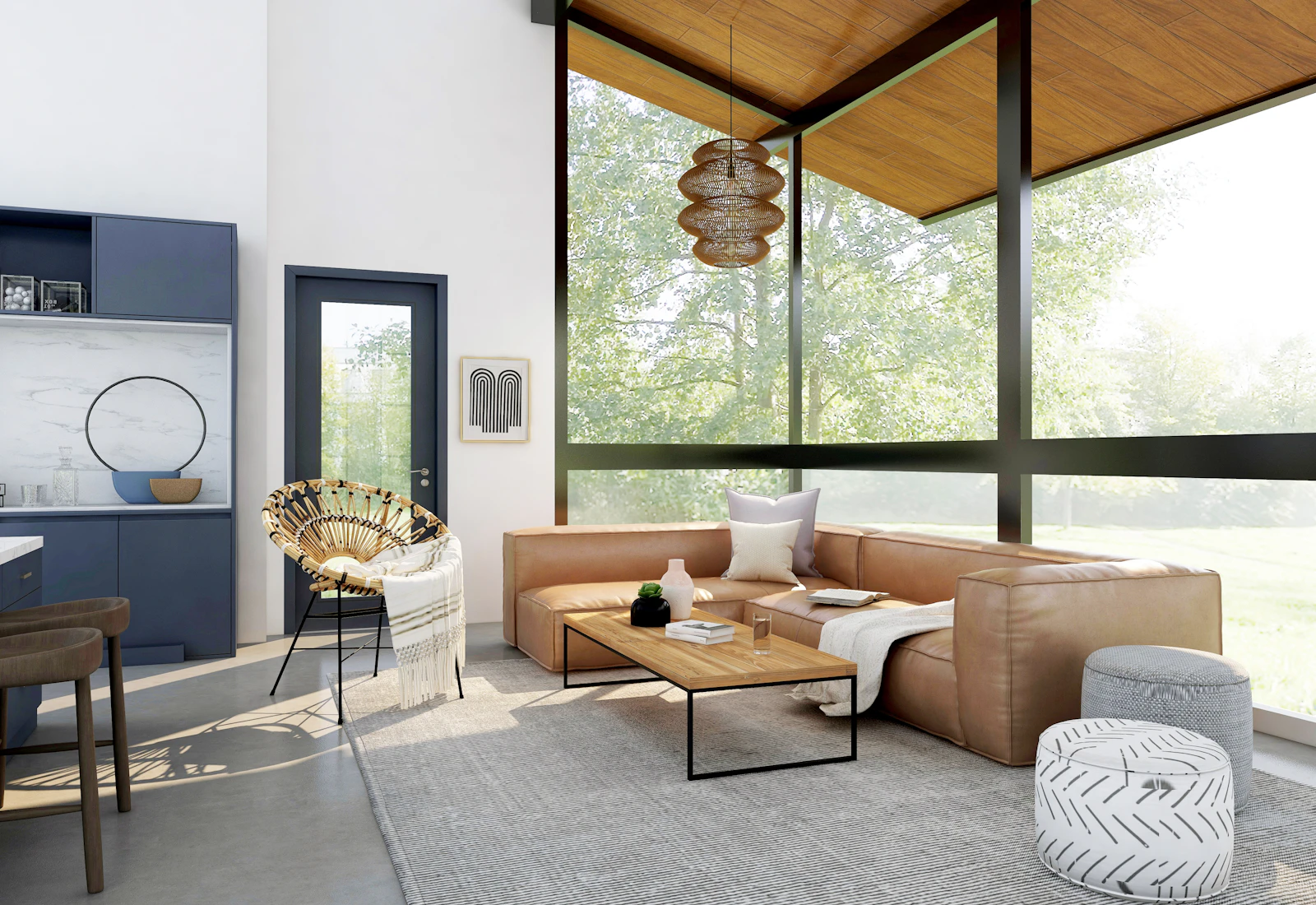 Dining area with a long wood table and warm light in a modern home.