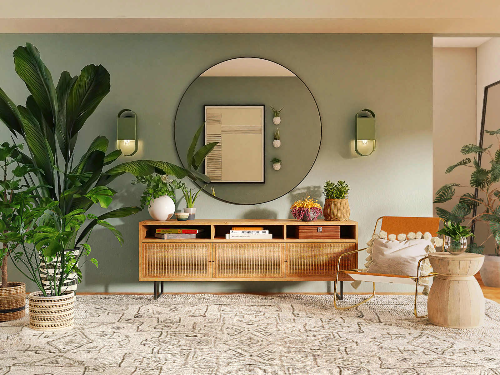 Living room arranged with a single chair and layered textiles.